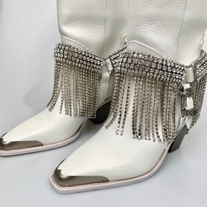 NEW Daniel X Diamond High Noon White Leather Cowboy Boot w/ Rhinestone Fringe